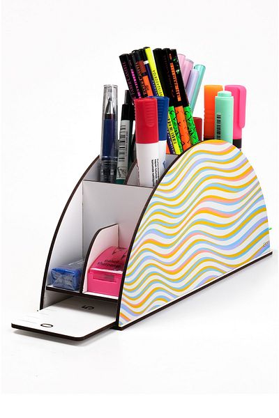 kutuTR Wooden Vip Mixed Rainbow Ruled Desktop Pen Holder Organizer with Assembled Box