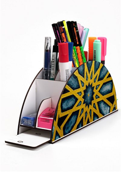kutuTR Wooden Vip Mixed Rainbow Ruled Desktop Pen Holder Organizer with Assembled Box