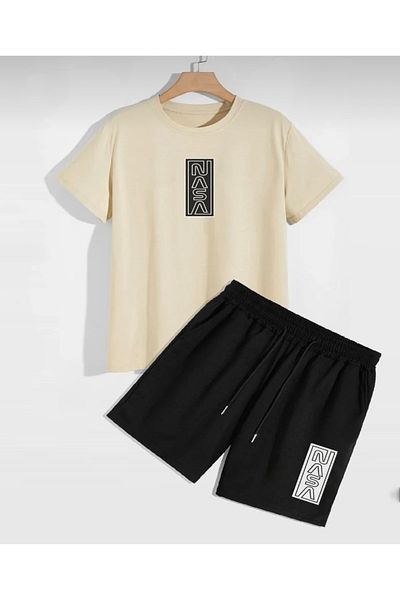 BYMEER Unisex Beige and Black NASA Printed Bottom Top Shorts T-shirt Set