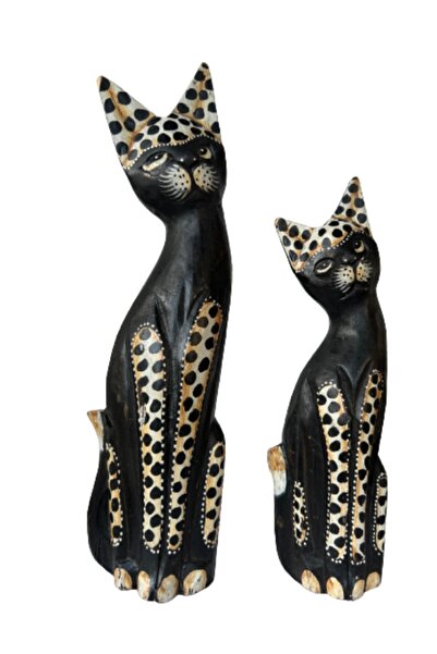 onyyapim Ahşap Üzeri El Oyması Dekoratif Ikili Kedi Biblosu