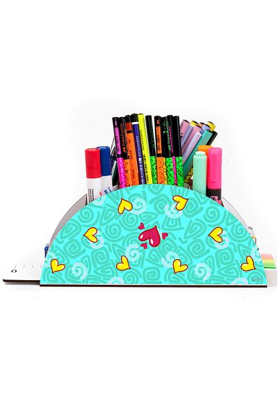 kutuTR Wooden Vip Hearts Series Rainbow Ruled Desktop Pen Holder Organizer for Kids Assembled Boxed