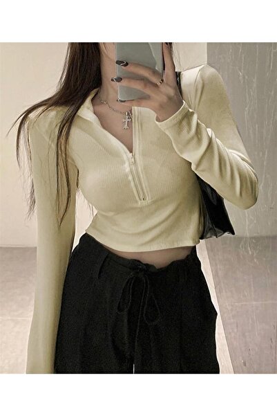 Touz Half Zipper Cream Camisole Crop