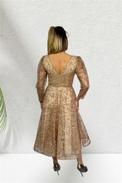 fevzuss Gold Sim Baskılı Midi Boy Abiye