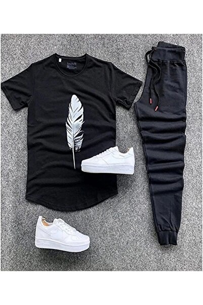 MYDARKSTYLE Unisex White Leaf Printed T-Shirt - Black Sweatpants Slim Fit Com...