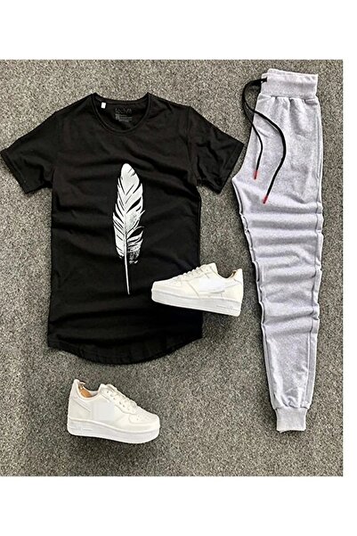 MYDARKSTYLE Unisex White Leaf Printed T-Shirt - Black Sweatpants Slim Fit Com...