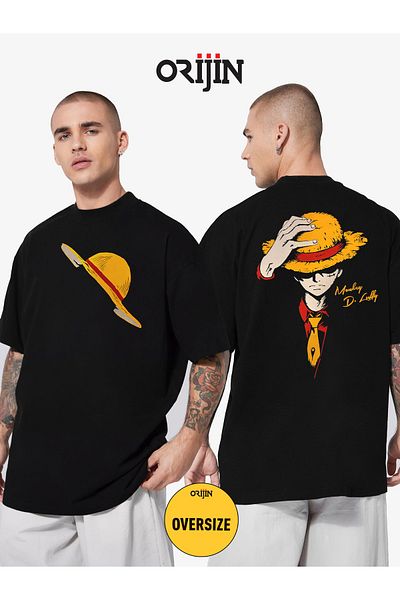 Orijin Tekstil Unisex One Piece Monkey D. Luffy Black Oversize T-shirt - εμπρός και πίσω με στάμπα
