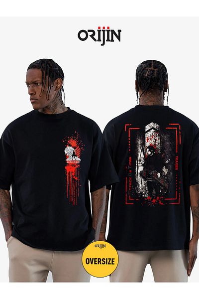 Orijin Tekstil Attack On Titan Eren Yeager Unisex Oversize Μαύρο T-Shirt - Εκτύπωση μπροστά και πίσω