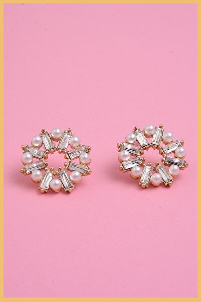 AURRARİ Gold Baget Taş Ve Incili Güneş Küpe