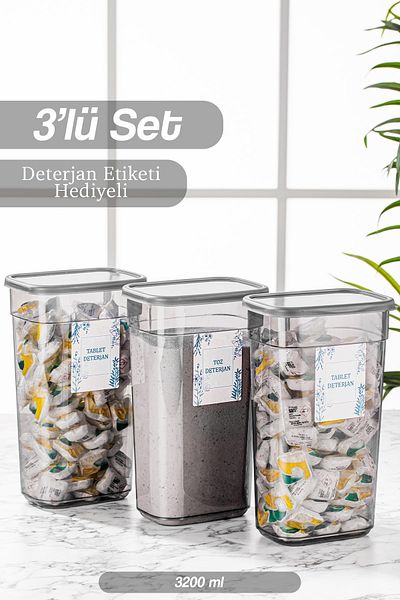 Meleni Home Set mit 3 rechteckigen Aufbewahrungsbehältern – Aufbewahrungsbox für Tablettenwaschmittel mit Elina-Beschriftung – 3 x 3200 ml