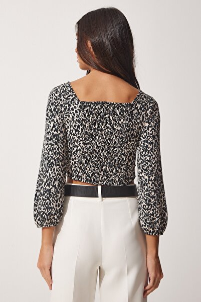 Happiness İstanbul Γυναικεία μπλούζα με μαύρη κρέμα με σχέδιο Gathered Crop MC00180
