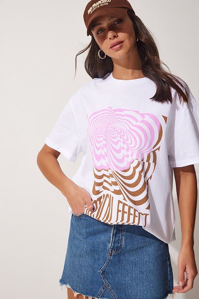Happiness İstanbul Tricou oversize cu imprimeu alb de damă NV00057