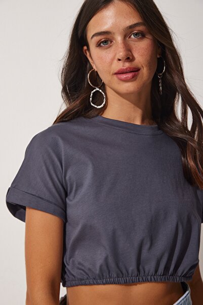 Happiness İstanbul Dámské antracitové tričko s elastickým úpletem do pasu UB00083