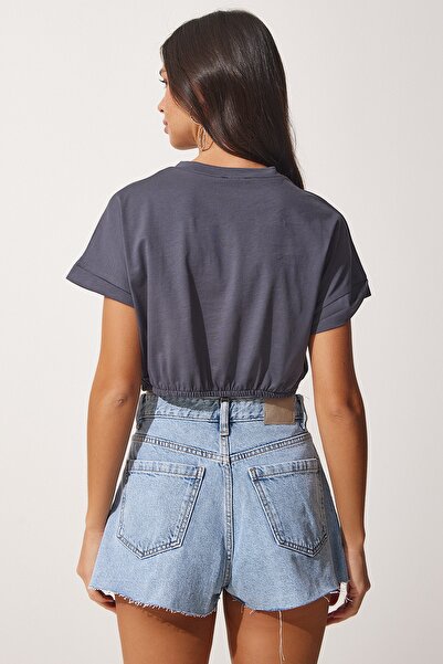 Happiness İstanbul Dámské antracitové tričko s elastickým úpletem do pasu UB00083