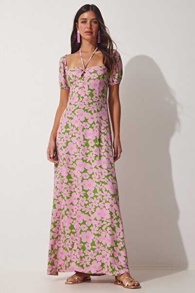 Happiness İstanbul Női rózsaszín zöld virágos hasított nyári viszkóz ruha UB00079