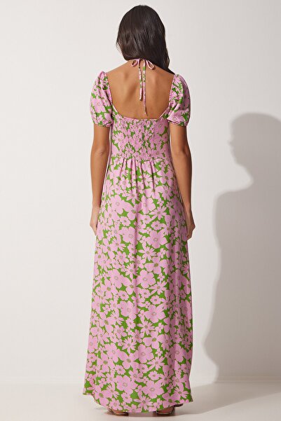 Happiness İstanbul Női rózsaszín zöld virágos hasított nyári viszkóz ruha UB00079