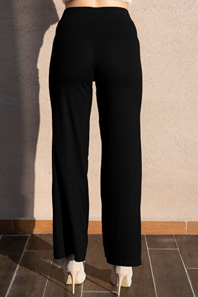 Soyo Women's Black Knitted Wide Leg Viscose Ribbed Trousers