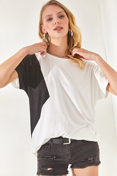 Olalook Women's White Color Blocked Bat Knitted Viscose Blouse BLZ-19002283