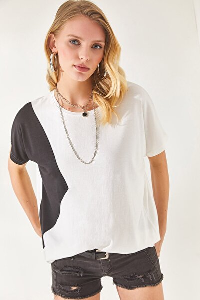 Olalook Women's White Color Blocked Bat Knitted Viscose Blouse BLZ-19002283