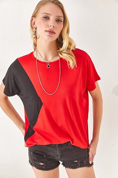 Olalook Women's Red Color Blocked Bat Knitted Viscose Blouse BLZ-19002283