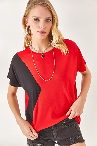 Olalook Women's Red Color Blocked Bat Knitted Viscose Blouse BLZ-19002283