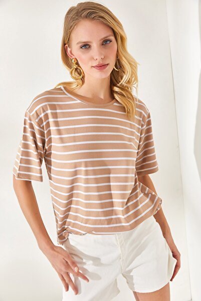 Olalook Γυναικείο μπλουζάκι camel ριγέ casual TSH-19000283