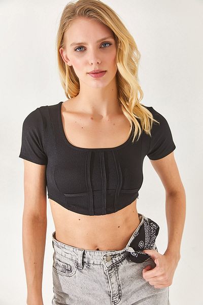 Olalook Schwarze Damen-Korsettbluse mit quadratischem Kragen und bauchfreiem Schnitt BLZ-19002286