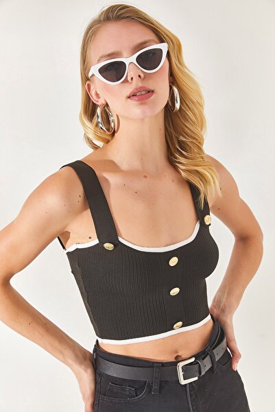 Olalook Γυναικεία πλεκτά μπλούζα με μαύρο λουράκι με λεπτομερή Crop BLZ-19002282