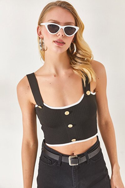 Olalook Γυναικεία πλεκτά μπλούζα με μαύρο λουράκι με λεπτομερή Crop BLZ-19002282