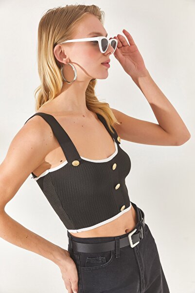Olalook Γυναικεία πλεκτά μπλούζα με μαύρο λουράκι με λεπτομερή Crop BLZ-19002282