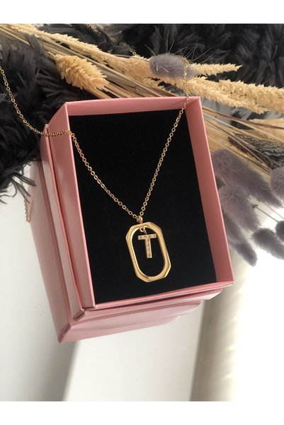 LİNACO Steel Window Detailed t Letter Necklace Gold Color