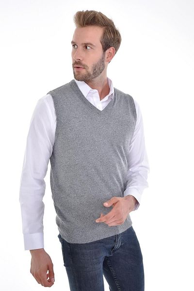 Çizgi Triko Men's V-Neck Gray Sweater Regular Fit with Angora Rabbit Wool
