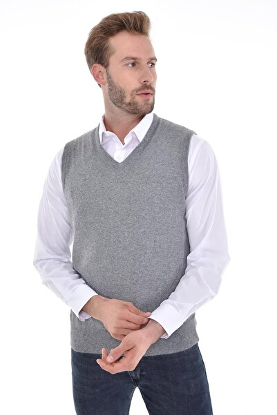 Çizgi Triko Men's V-Neck Gray Sweater Regular Fit with Angora Rabbit Wool