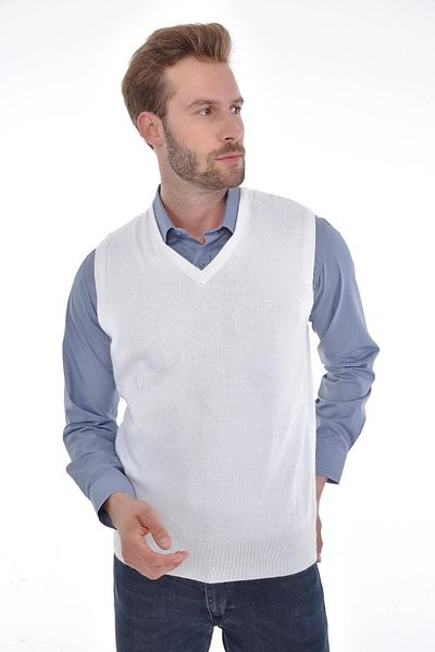 Çizgi Triko Men's V-Neck White Sweater Regular Fit with Angora Rabbit Wool