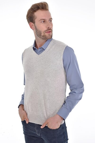 Çizgi Triko Men's V-Neck Beige Sweater Regular Fit with Angora Rabbit Wool