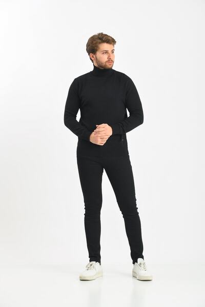 Çizgi Triko Ανδρικό Full Fisherman Μαύρο πουλόβερ Angora Rabbit Wool κανονική εφαρμογή