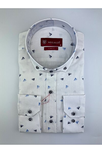MEGALDİ Erkek Slim Fit Beyaz Yaprak Desenli Uzun Kollu Gömlek