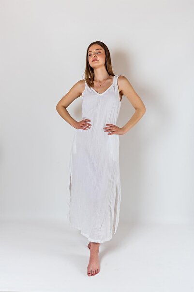 Zeliha Baysan Women's Muslin Slit Strapless White Dress