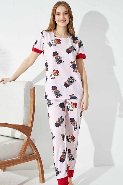 Siyah İnci Pink Hat Teddy Bear Patterned Knitted Pajama Set