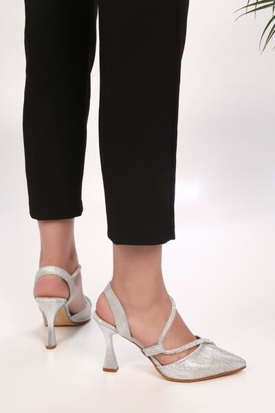 Shoeberry Women's Mungo Silver Glitter Stone Heeled Shoes