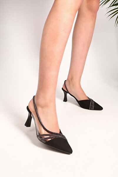 Shoeberry حذاء داريل نسائي من الساتان الأسود الشفاف بكعب ستيليتو