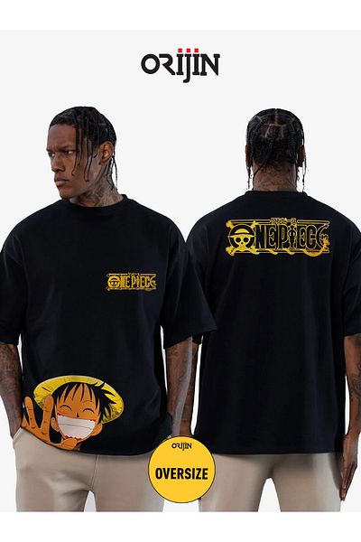 Orijin Tekstil Unisex One Piece Monkey D. Luffy Smile Oversize Μαύρο T-Shirt - Εκτύπωση μπροστά και πίσω