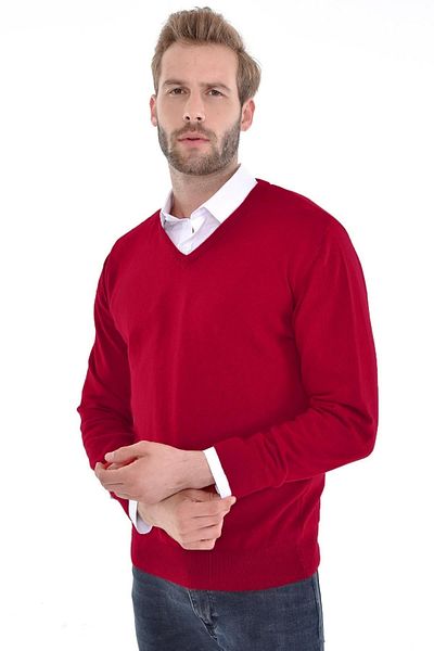 Çizgi Triko Men's V-Neck Burgundy Angora Rabbit Wool Sweater Regular Fit