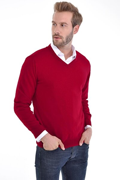 Çizgi Triko Men's V-Neck Burgundy Angora Rabbit Wool Sweater Regular Fit