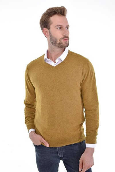 Çizgi Triko Ανδρικό πουλόβερ με λαιμόκοψη σε σχήμα V Camel Angora Rabbit Woolen με κανονική εφαρμογή