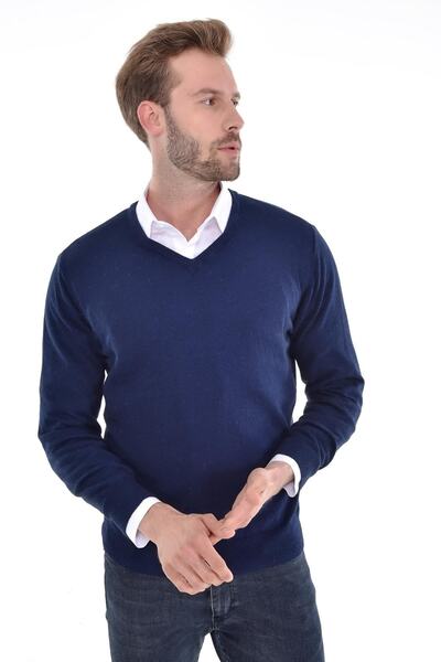 Çizgi Triko Ανδρικό πουλόβερ με λαιμόκοψη σε μπλε Navy Blue Angora Rabbit Wool με κανονική εφαρμογή