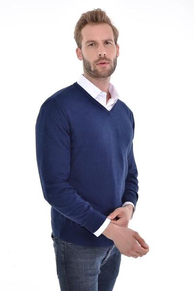 Çizgi Triko Ανδρικό πουλόβερ με λαιμόκοψη σε μπλε Navy Blue Angora Rabbit Wool με κανονική εφαρμογή