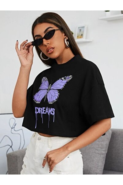 SELENA BUTİK Υπερμεγέθη Μοναδικό Μαύρο Crop Top με στάμπα με πεταλούδα