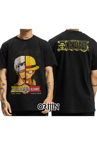 Orijin Tekstil One Piece Pirate Alliance Heart Pirates Strawhat Pirates Μπροστά πίσω με τυπωμένο Unisex μαύρο μπλουζάκι