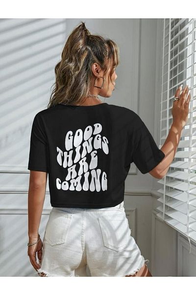 SELENA BUTİK Crop top oversize, unic, cu imprimeu negru