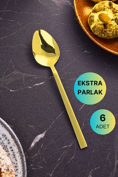 Vipinox 6 Pieces Luxury Shiny Gold Dessert Spoon Stainless Steel Stick Model Gold Dessert Spoon
